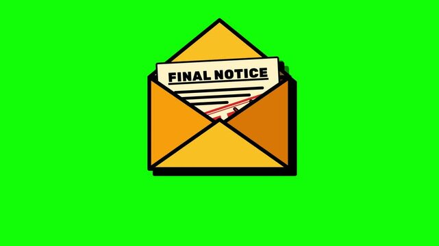 Animated final notice documents emerging from yellow envelopes against a vibrant green screen background surface with animation