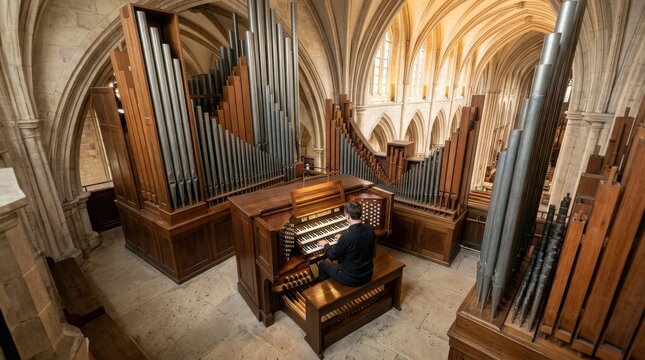 High angle view of a professional organist playing a large church pipe organ inside a historic gothic cathedral with stone vaulted ceilings and massive wooden and metal pipes.