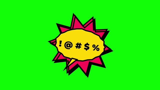 Animated comic book cursing speech bubbles featuring profanity symbols on vibrant green screen background with three repeating