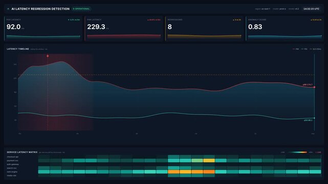 Developer analyzing ai latency regression detection dashboard with p50 p99 metrics, anomaly score, service matrix in 4k, for cloud performance system reliability