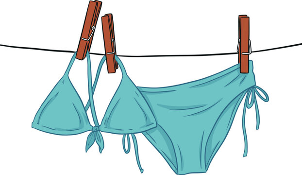 Blue Bikini Swimwear Design with Triangle Top and Tie Side Bottom Hanging on Clothesline for Summer Fashion Branding