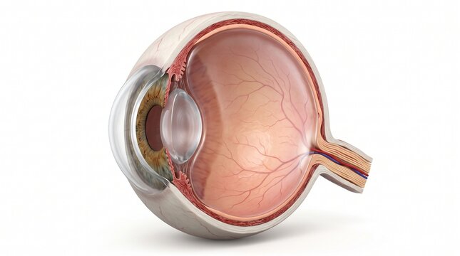 Detailed 3D Medical Illustration of a Human Eye Anatomy Cross-Section Showing Internal Structures Including Lens, Retina, and Optic Nerve on White Background