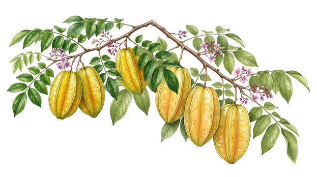 A botanical illustration of starfruit with leaves and blossoms on transparent background carambola tropical fruit watercolor painting branch foliage floral yellow green organic produce isolated