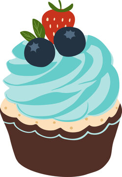 Cupcake blue cream with blueberry and strawberry topping vector hand draw