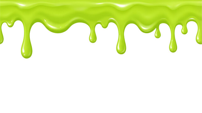 3D rendered horizontal banner of glossy lime green dripping slime and viscous liquid ooze featuring shiny specular highlights isolated on a clean solid white background for seasonal holiday design