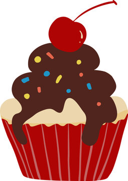 Cupcake red with chocolate and cherry vector hand draw
