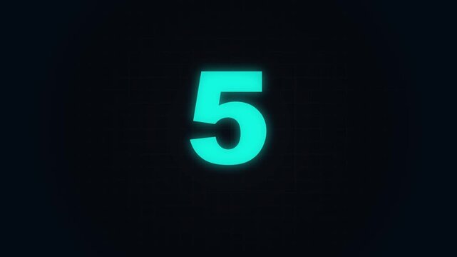 5 Second Neon Blue Digital Countdown Timer with Glowing Numbers on a Black Background Animation