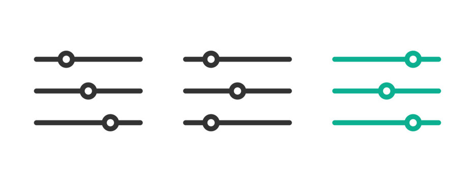 Horizontal slider icon set with adjustment controls, equalizer audio level bars, filter parameters, and user settings interface vector symbols.