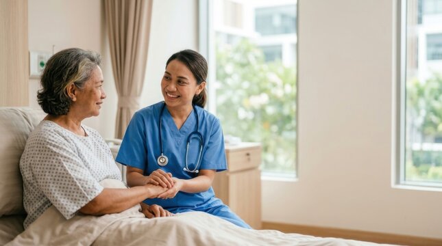 Smiling Asian nurse wearing blue scrubs holding the hand of an elderly female patient lying in a hospital bed while providing compassionate care in a bright clinical ward room.