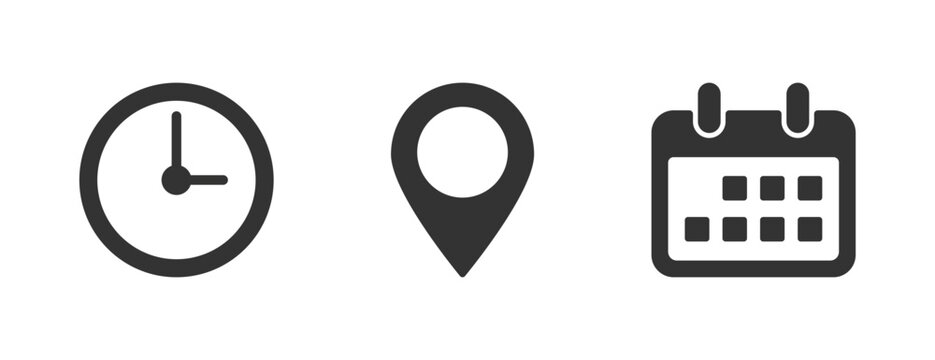 Clock, map pin location  and calendar vector icon, Minimalist black clock, map pin location marker, and calendar icons set for event schedule, time management, appointments, and meeting details.