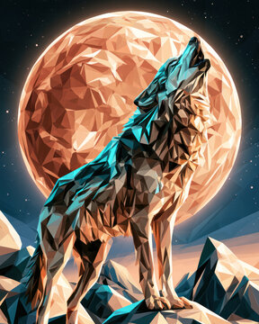 Low poly geometric wolf howling at large terracotta full moon illustration