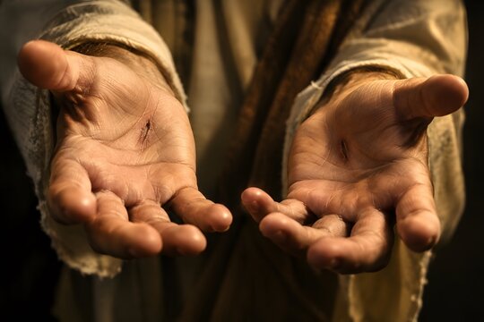 Jesus Christ showing his wounded hands with stigmata wounds reaching out in blessing