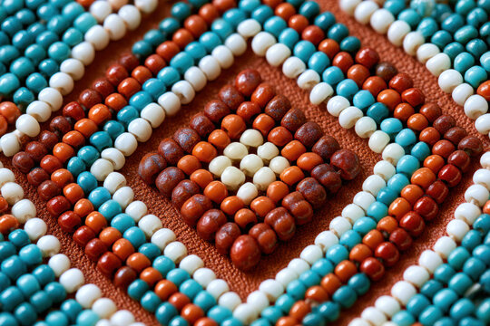 Macro of handmade seed bead embroidery with turquoise and terracotta diamond pattern