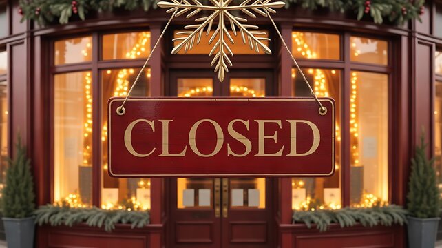 A closed wooden sign hanging on a decorated storefront window with festive lights and holiday decor during winter season
