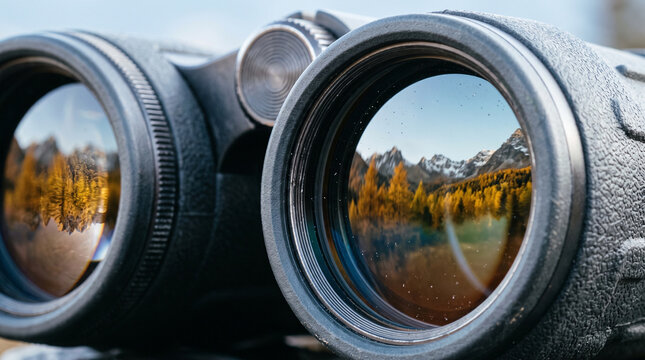 Binoculars viewing autumn mountain peaks with reflection in lenses  