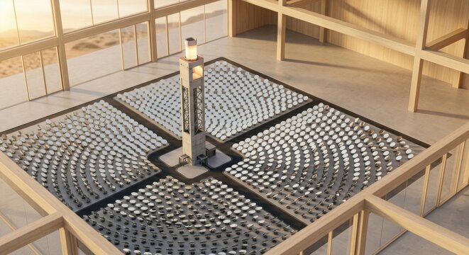 Conceptual architectural model of a concentrated solar power plant featuring a central receiver tower and arrays of circular heliostat mirrors inside a modern wooden building.