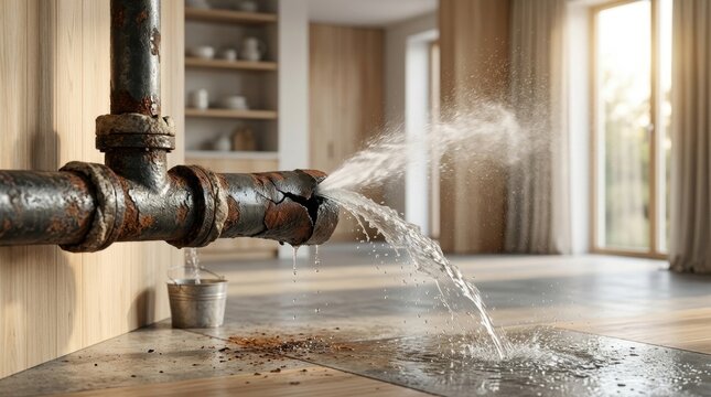 Close-up of a rusted metal pipe bursting and spraying water onto a wooden floor inside a modern home interior, emergency plumbing leak and water damage situation in a room.