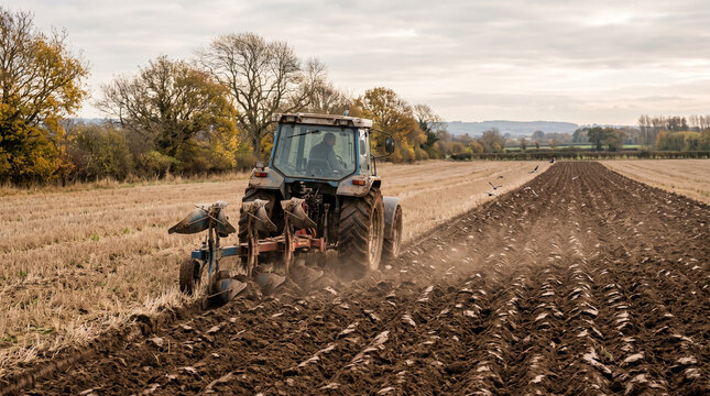 Tractor plowing autumn field furrows in a rural landscape  