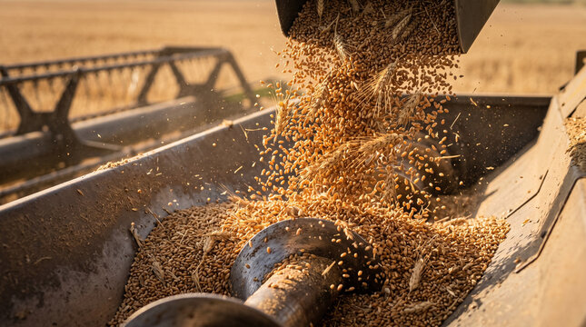 Combine harvester cutting wheat field in autumn with grain pouring  