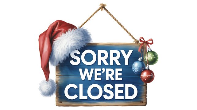 Sorry We're Closed wooden sign decorated with a Santa hat and Christmas baubles isolated on white background
