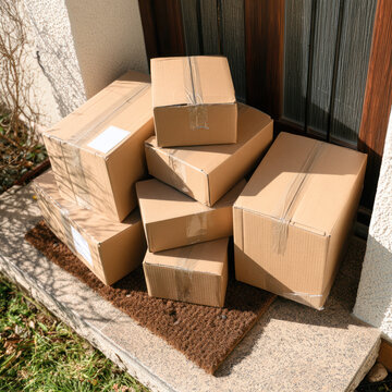 Stack of cardboard delivery boxes left on doormat by front door in daylight