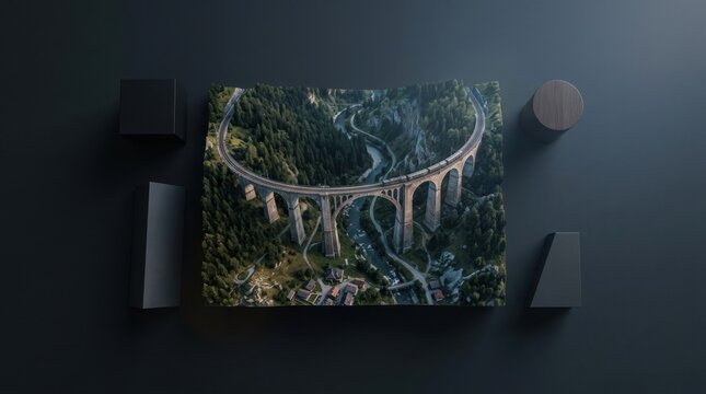 Topographic 3D miniature model of a curved stone train viaduct over a river and mountain valley, featuring a locomotive and pine forest, surrounded by dark geometric studio props.
