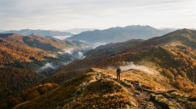 Woman trekking autumn hill trail in mountains with colorful foliage  