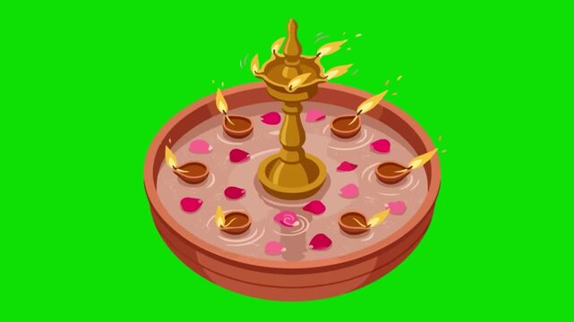 Video of Karthigai Deepam Brass Kuthu Vilakku with Floating Oil Lamps and Rose Petals