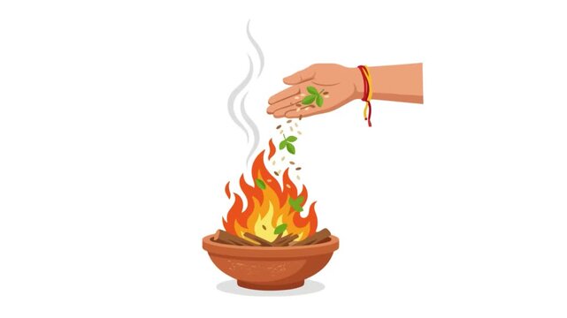 Video of Priest Offering Sacred Grains and Bilva Leaves into Ritual Fire during Durga Homa