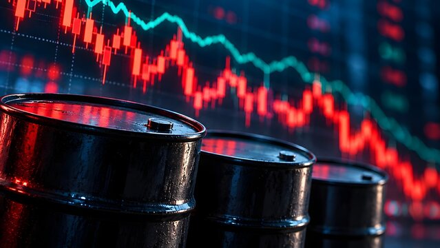 Row of black oil barrels with dramatic red downward candlestick charts indicating a severe drop in petroleum prices and energy market crash