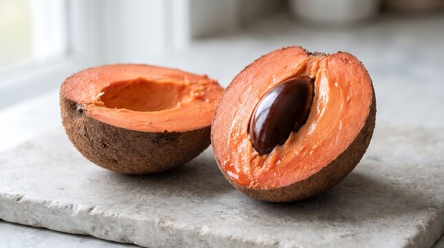 A halved mamey sapote fruit resting on a light stone surface, showcasing the vibrant orange flesh and smooth dark brown seed inside in a clean indoor setting