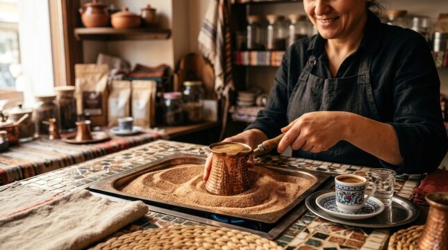 A woman barista in a black apron prepares traditional Turkish coffee in a copper cezve pot using hot sand on a mosaic counter in a rustic coffee shop setting.