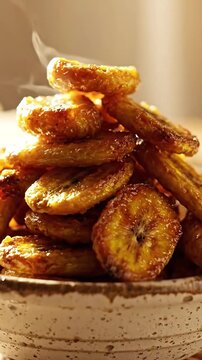 Steaming Hot Fried Plantains in a Bowl, Delicious Traditional African Food Dish, Vertical Video