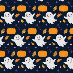 Fototapeta premium Cute Halloween seamless pattern with friendly ghosts, pumpkins, candies, and autumn leaves on a dark background