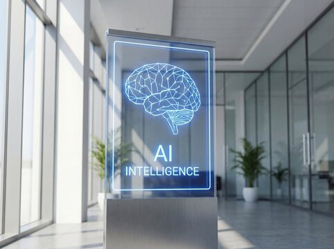 AI intelligence glass display stand with digital brain graphic in modern office