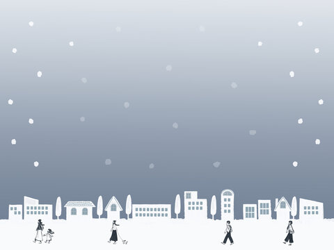 歩く人々と冬の街のイラスト
