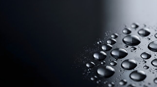 Macro view of pure water droplets on dark sleek hydrophobic surface with glossy reflections