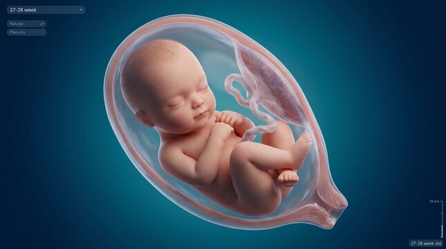 A captivating look at a fetus at 27-28 weeks. Resting safely in the womb, the baby is developing rapidly, showing active brain patterns and REM sleep as the third trimester journey begins.