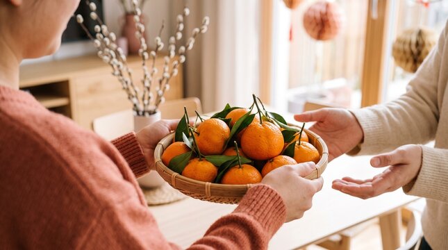 Two people exchanging a basket of fresh oranges in a cozy home for Lunar New Year