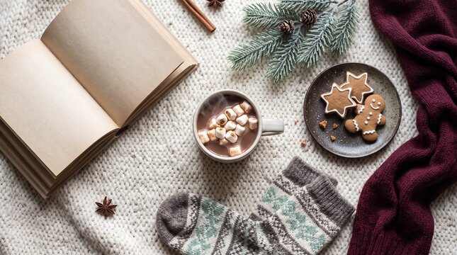 Cozy winter scene with hot chocolate, cookies, and a book for Boxing Day