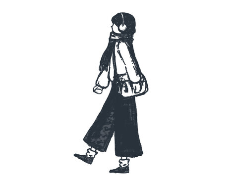 冬の装いで歩く若い女性のイラスト