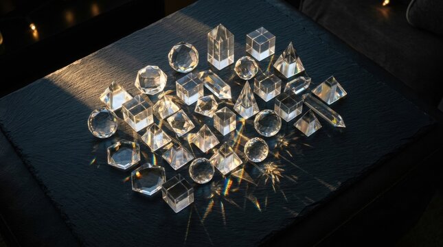 Collection of clear glass geometric shapes including pyramids, cubes, spheres and polyhedral prisms on a dark textured slate surface with sunlight creating refractions and caustics.