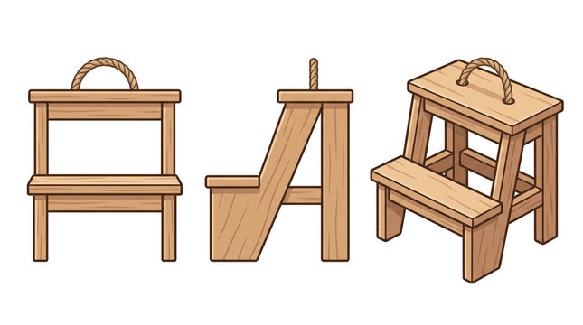 Wooden step stool - 3 angles of furniture. Small wooden step stool furniture in 3 angles illustration isolated on transparent background for home seating and kitchen help