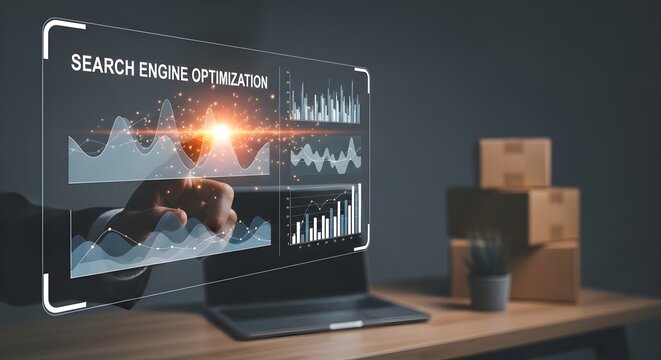 Advanced SEO Analytics featuring a hand touching a glowing holographic dashboard with data charts over a laptop and shipping boxes, ideal for digital marketing and e-commerce growth.
