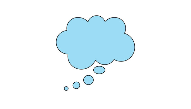Clear and abstract flat design illustration of a blue thought bubble with a black outline, symbolizing ideas, thinking, and mental processes.