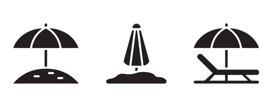 Beach parasol and deck chair icons set with opened closed umbrella and lounge seat black silhouettes.