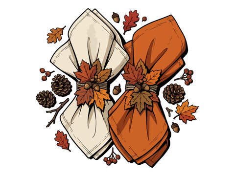 Decorative table napkin folds adorned with seasonal autumn leaves and pinecones