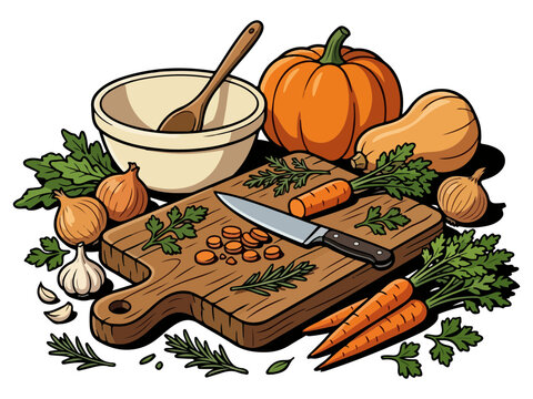 Fresh vegetable harvest preparation on a rustic wooden cutting board