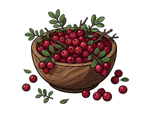 Fresh red cranberries inside a rustic wooden bowl with hand drawn