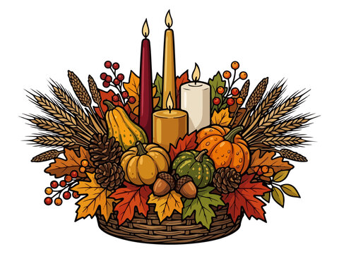 Festive thanksgiving table centerpiece arrangement with candles and pumpkins